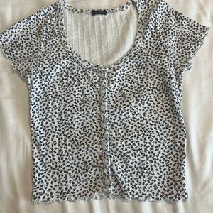 Brandy Melville navy and white floral button up tee